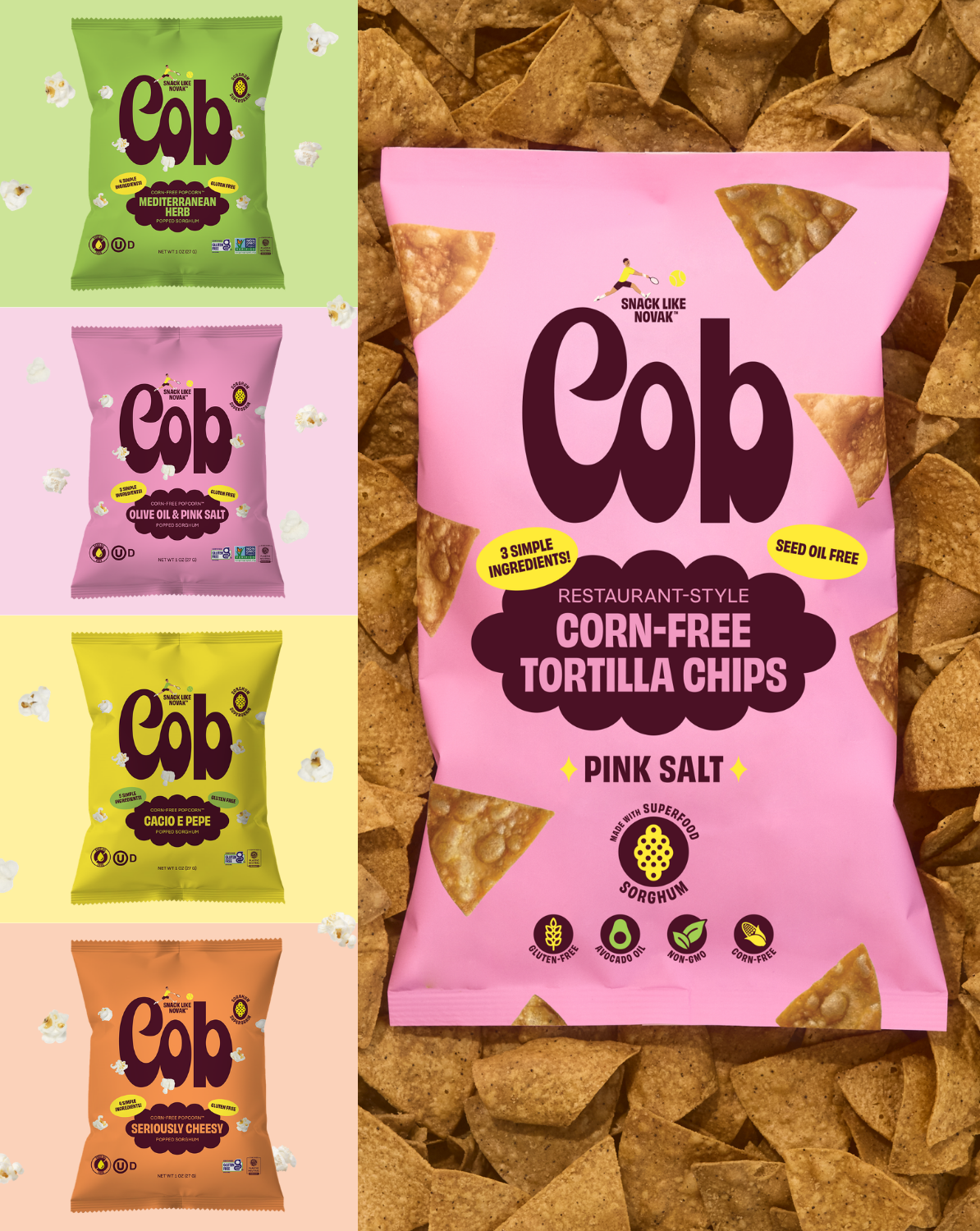 Cob sampler: all four popped sorghum flavors plus corn-free tortilla chips
